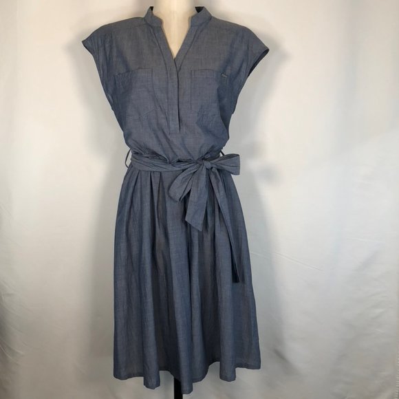 Cotton Chambray Short Sleeve Belted Dress